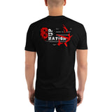Back view, a man wearing a black fitted T-shirt, featuring 8up Nation‘s, USA logo in black, gray, red and white approximately 12 inches in width