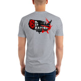 Back view, a man wearing a light grey fitted T-shirt, featuring 8up Nation‘s, USA logo in black, gray, red and white approximately 12 inches in width