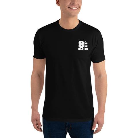 Frontal view Man wearing a Black, short sleeve fitted t-shirt, featuring white text only 8up Nation logo on left chest