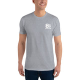 Frontal view Man wearing a light grey, short sleeve fitted t-shirt, featuring white text only 8up Nation logo on left chest